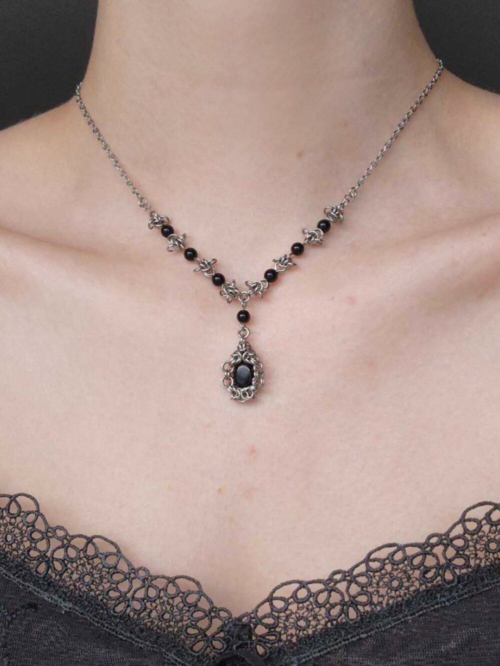 Gothic Victorian black onyx and silver pendant necklace